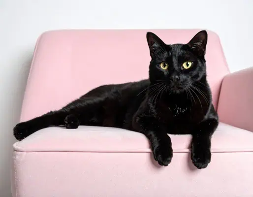 black cat lounging on a pink couch cats need their furniture. a black cat sitting on a pink couch