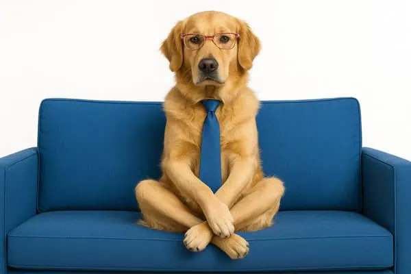 golden retriever demanding respect a golden retriever sitting on a couch and demanding respect