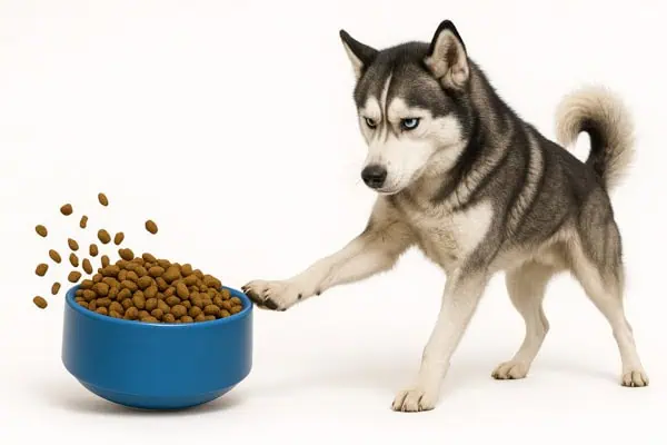 husky dog kicking a bowl of kibbles a husky dog kicking a bowl of kibbles. the scarcity dilemma
